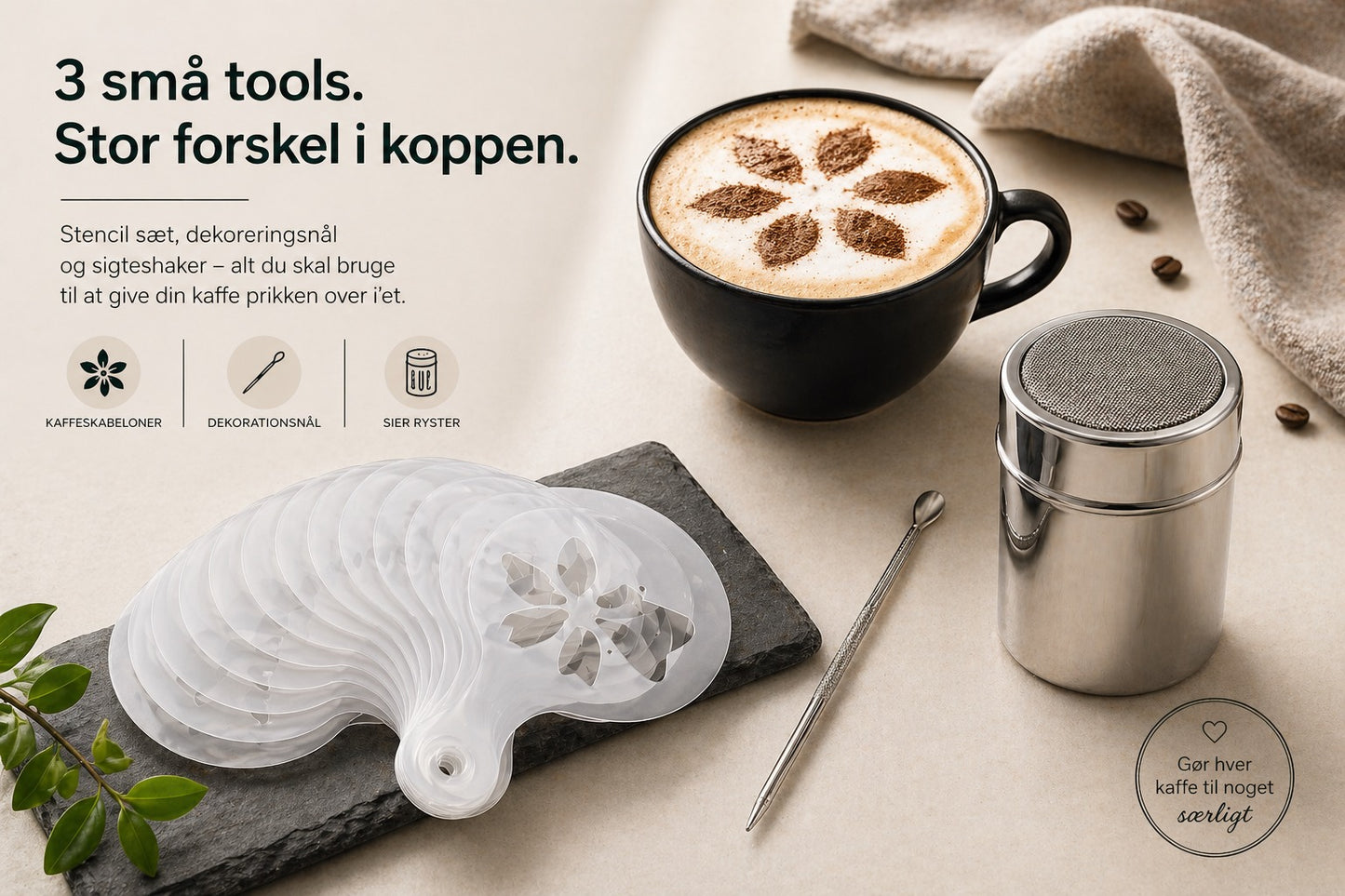 Kakao strødåse, latte art skabeloner og latte art pen